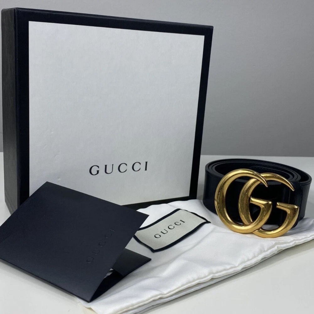 💯 Authentic Gucci Marmot Black Leather Belt with Gold GG Emblem EXCELLENT